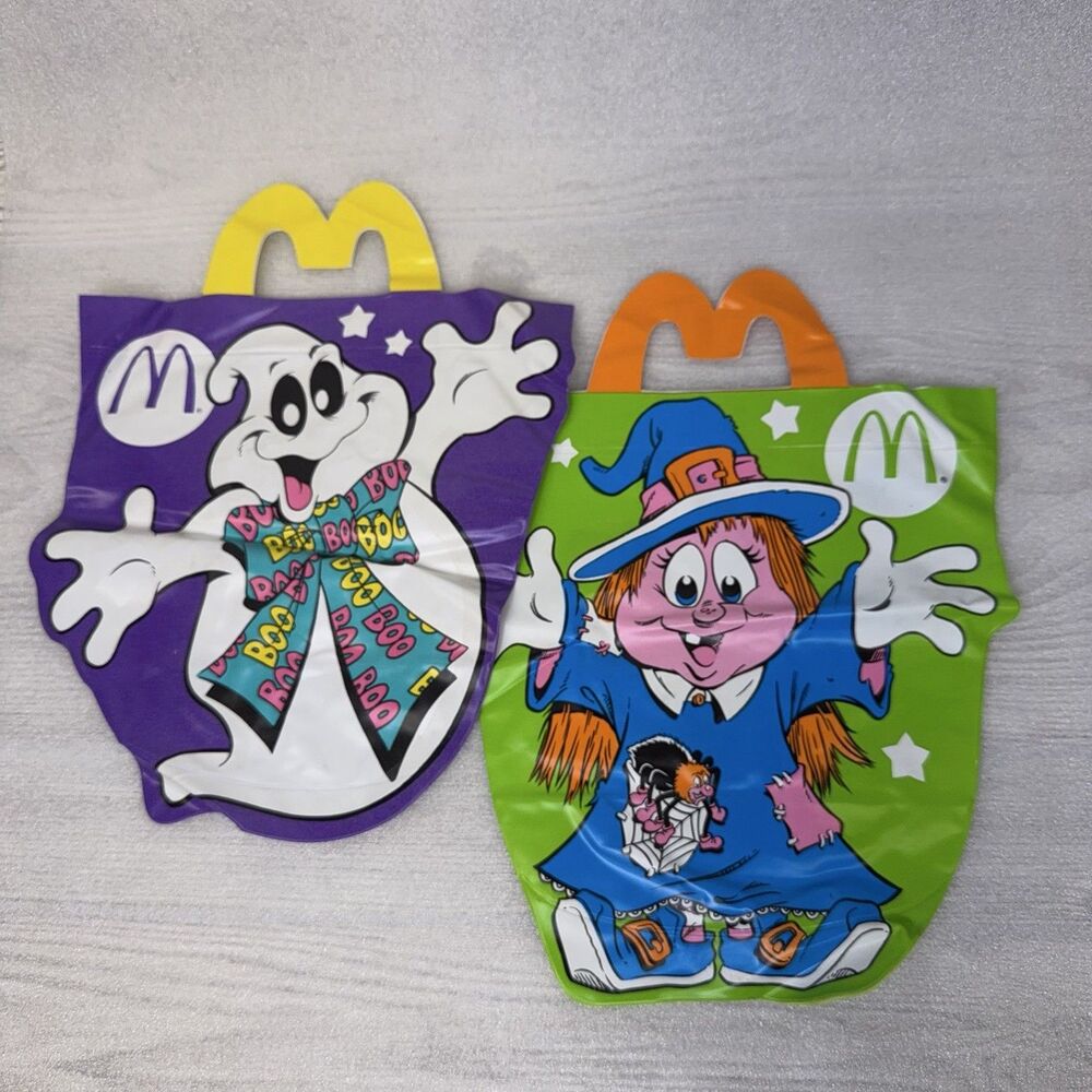2x Vintage 1990 McDonald's Halloween Treat Bags Boo Bags Ghost & Witch EUC